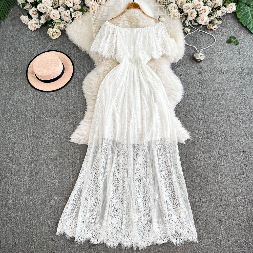 Boho Summer Beach Maxi Dress - Vestido largo para mujer con hombros