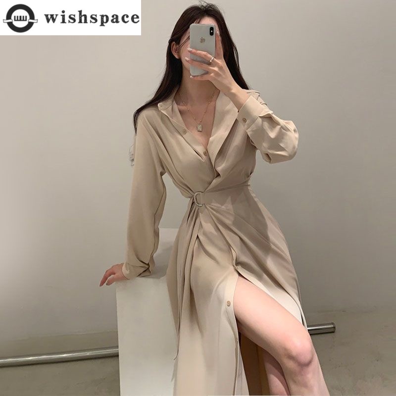 Korean Style A Line Shirt Dress - Vestido estilo camisa con solapa de