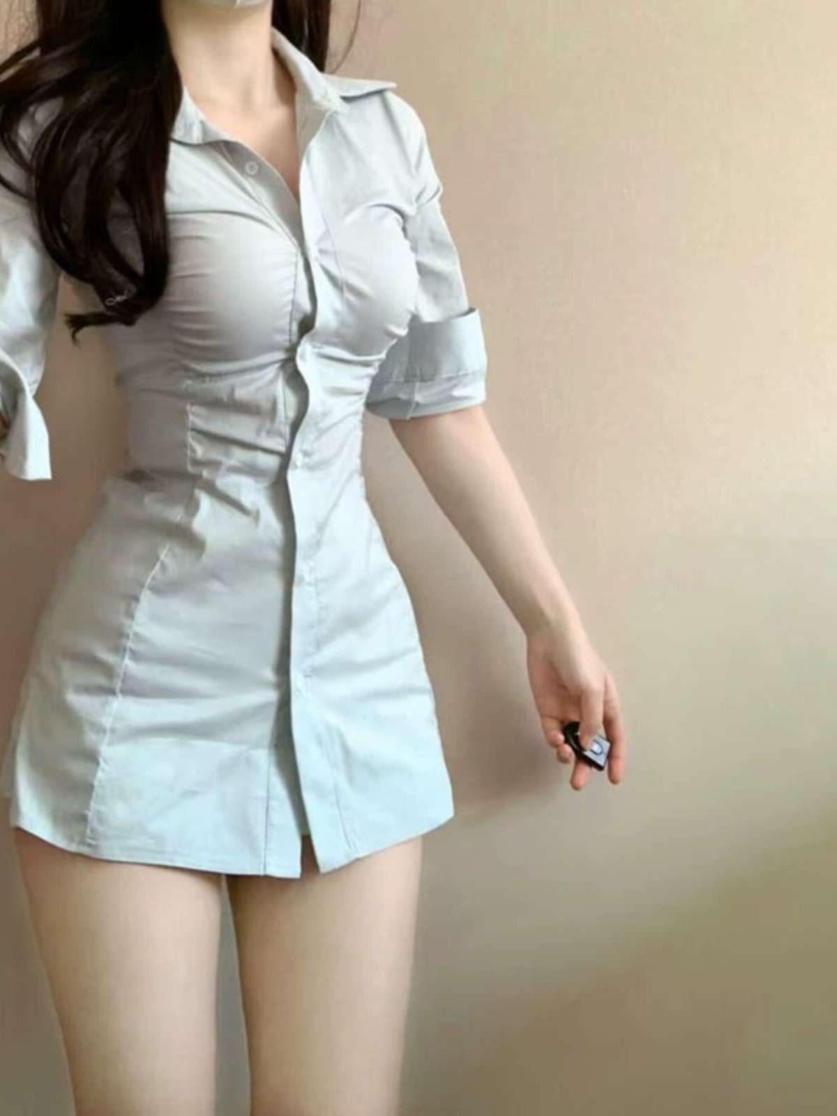 Korean Style A Line Shirt Dress - Vestido Camisero Sexy con Cintura Plisada,