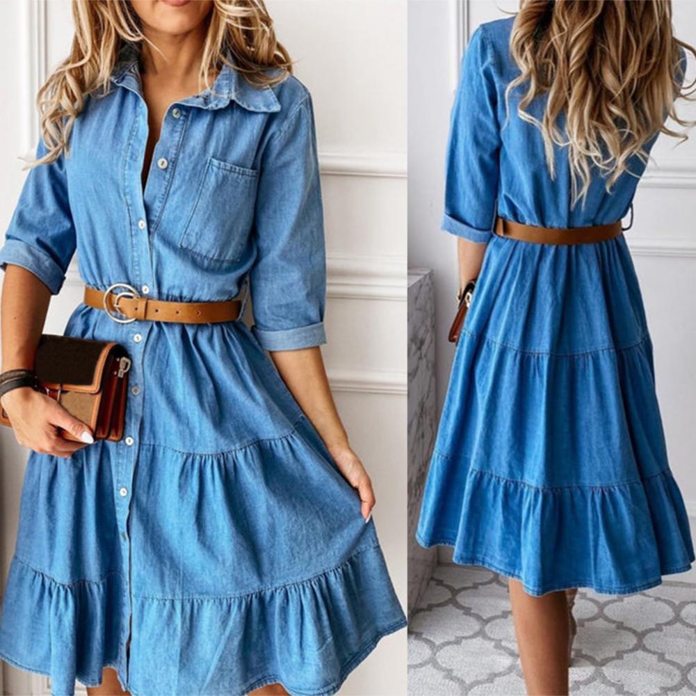 French Vintage Floral Midi Dress - Vestido de Mezclilla con Manga Tres