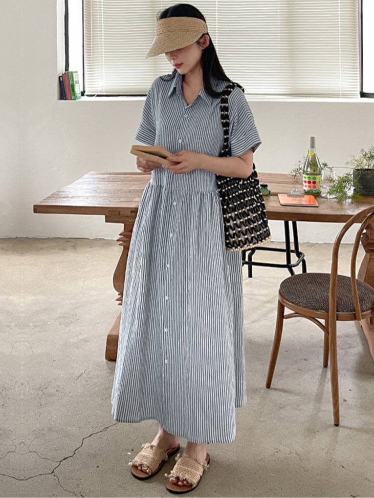 Vestido Camisero a Rayas de Es - Korean Style A Line Shirt Dress reseña y precio