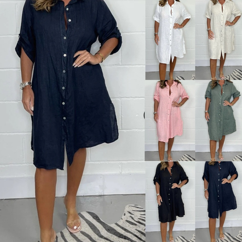 Vestido camisero holgado de li - Casual Loose Linen Shirt Dress reseña y precio