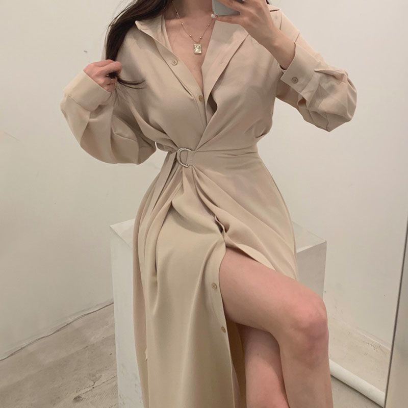 Vestido estilo camisa con sola - Korean Style A Line Shirt Dress reseña y precio