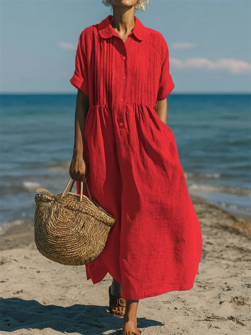 Vestido midi o maxi de manga c - Casual Loose Linen Shirt Dress reseña y precio