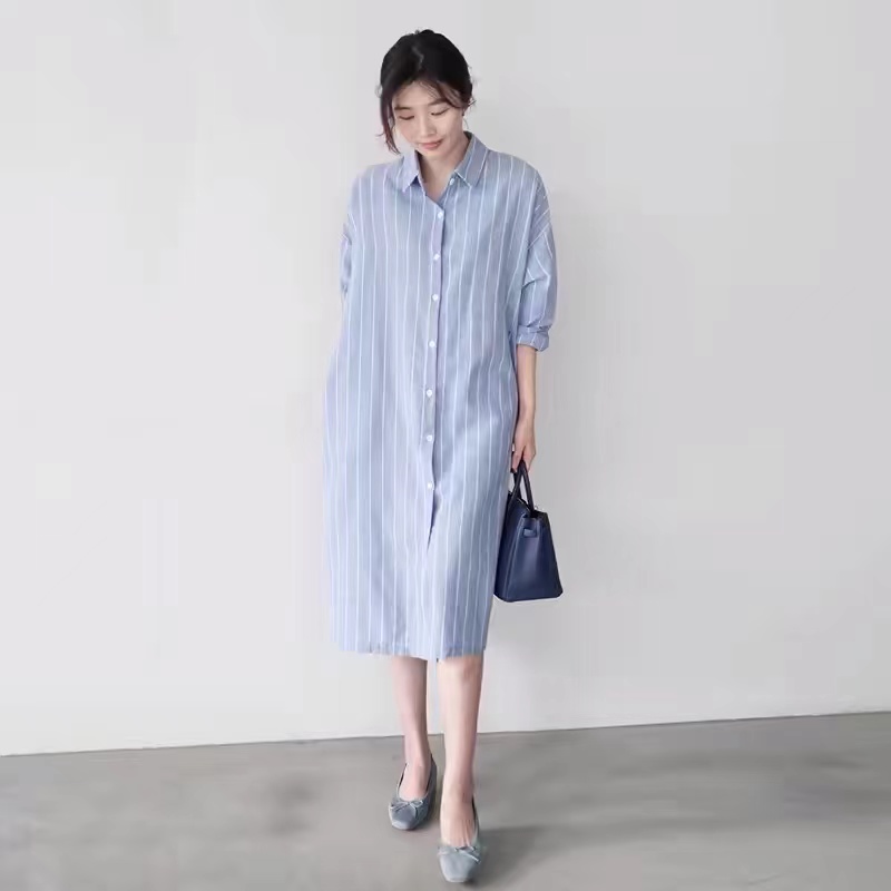 Vestido Camisero Azul a Rayas  - Korean Style A Line Shirt Dress reseña y precio