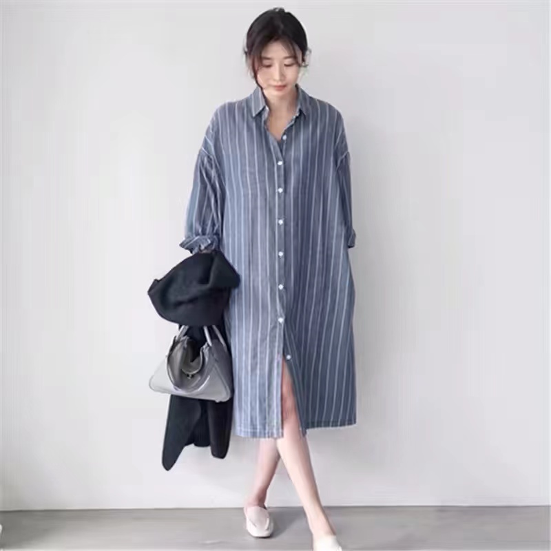Vestido Camisero Azul a Rayas  - Korean Style A Line Shirt Dress reseña y precio