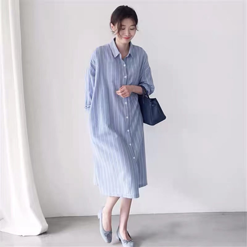 Vestido Camisero Azul a Rayas  - Korean Style A Line Shirt Dress reseña y precio