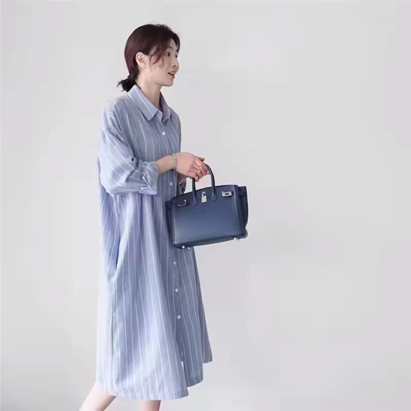 Vestido Camisero Azul a Rayas  - Korean Style A Line Shirt Dress reseña y precio